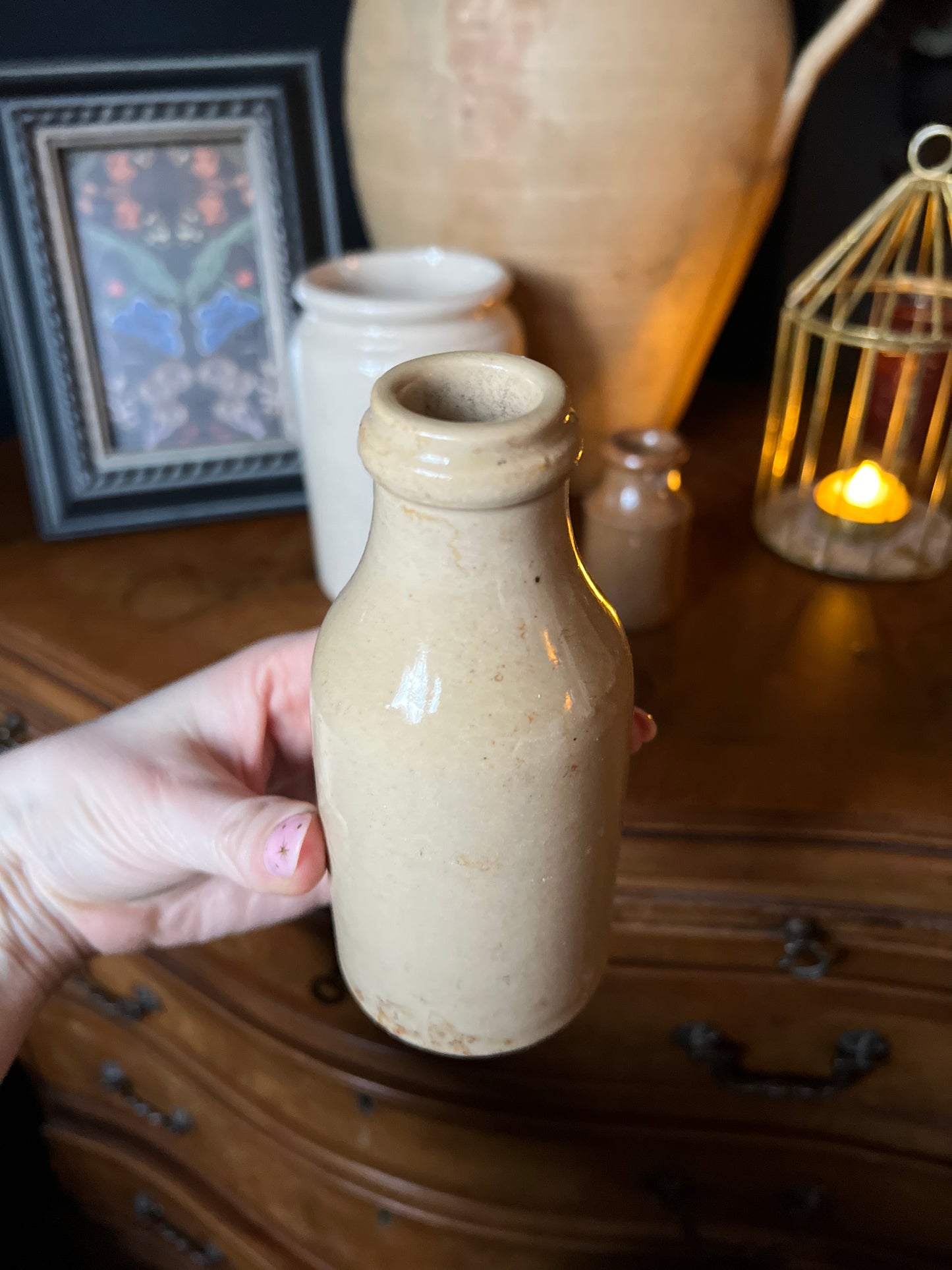Salvaged glazed bottle - cream