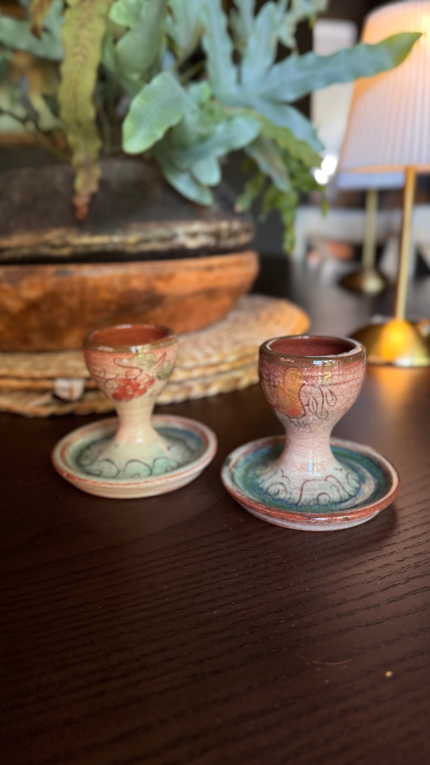 Vintage Studio Pottery Egg Cup | Hand-Thrown | Mauve & Teal Glaze