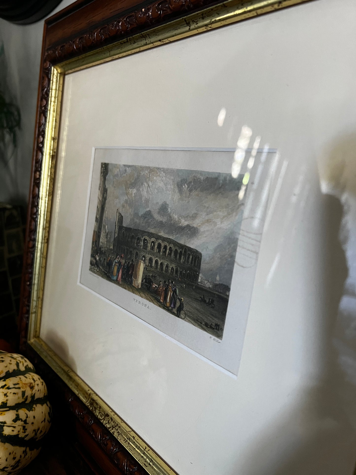 Framed etching of Verona landscape