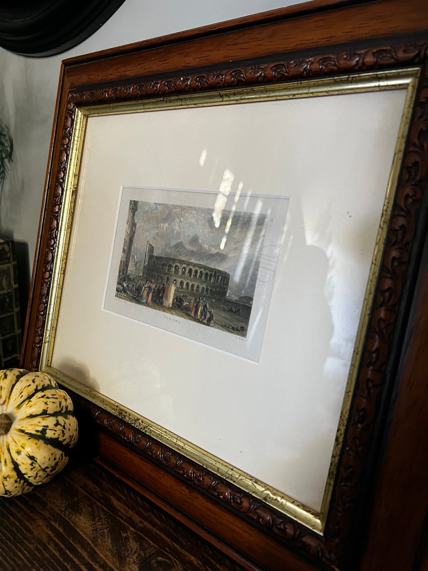 Framed etching of Verona landscape