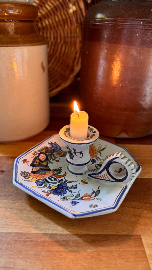 Antique French Faience Chamberstick | Hand-Painted Polychrome Ceramic Candle Holder | Rouen Style Floral