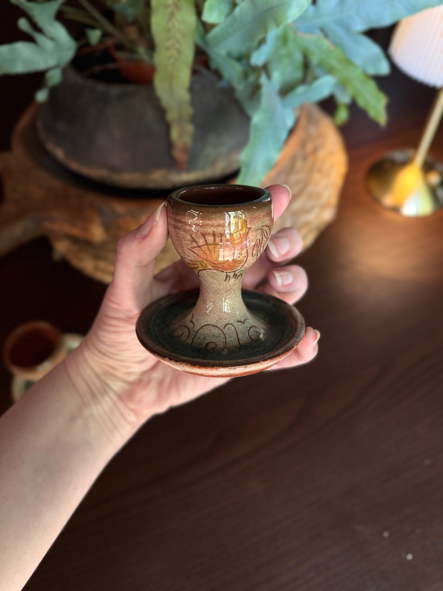 Vintage Studio Pottery Egg Cup | Hand-Thrown | Brown & Teal Glaze