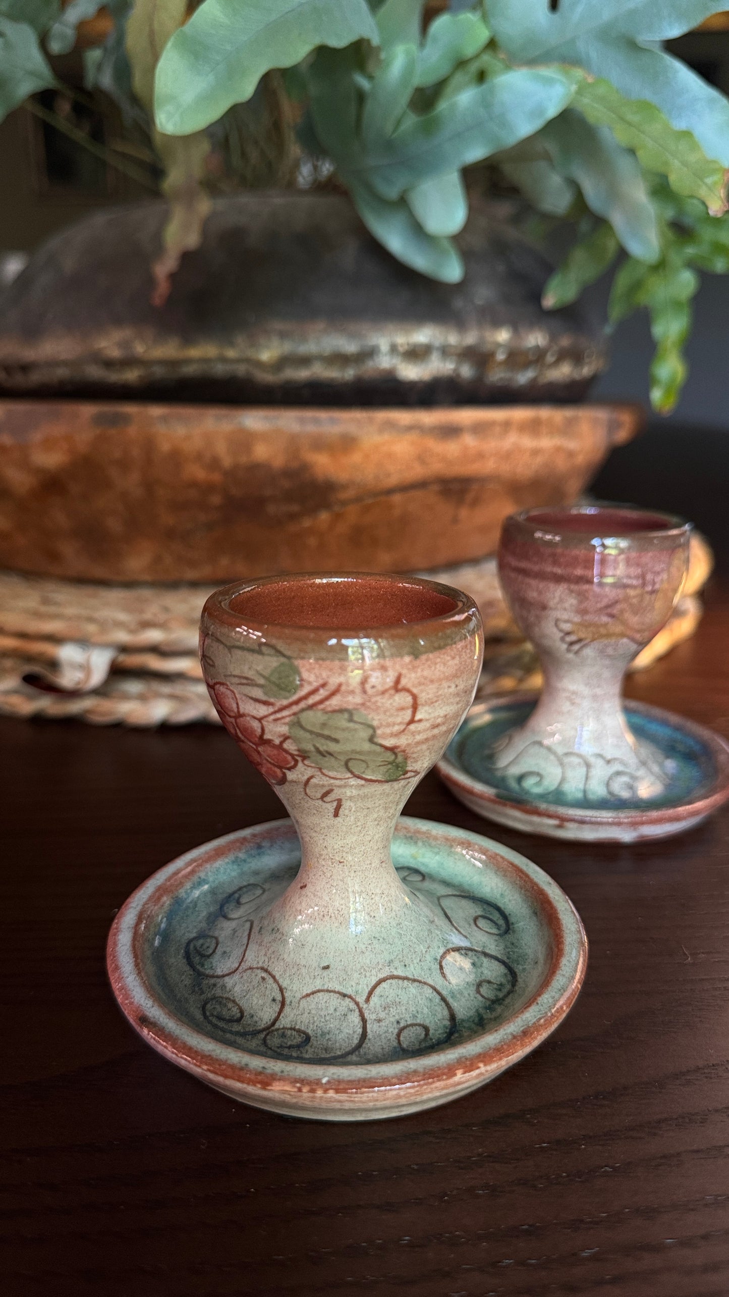 Vintage Studio Pottery Egg Cup | Hand-Thrown | Mauve & Teal Glaze