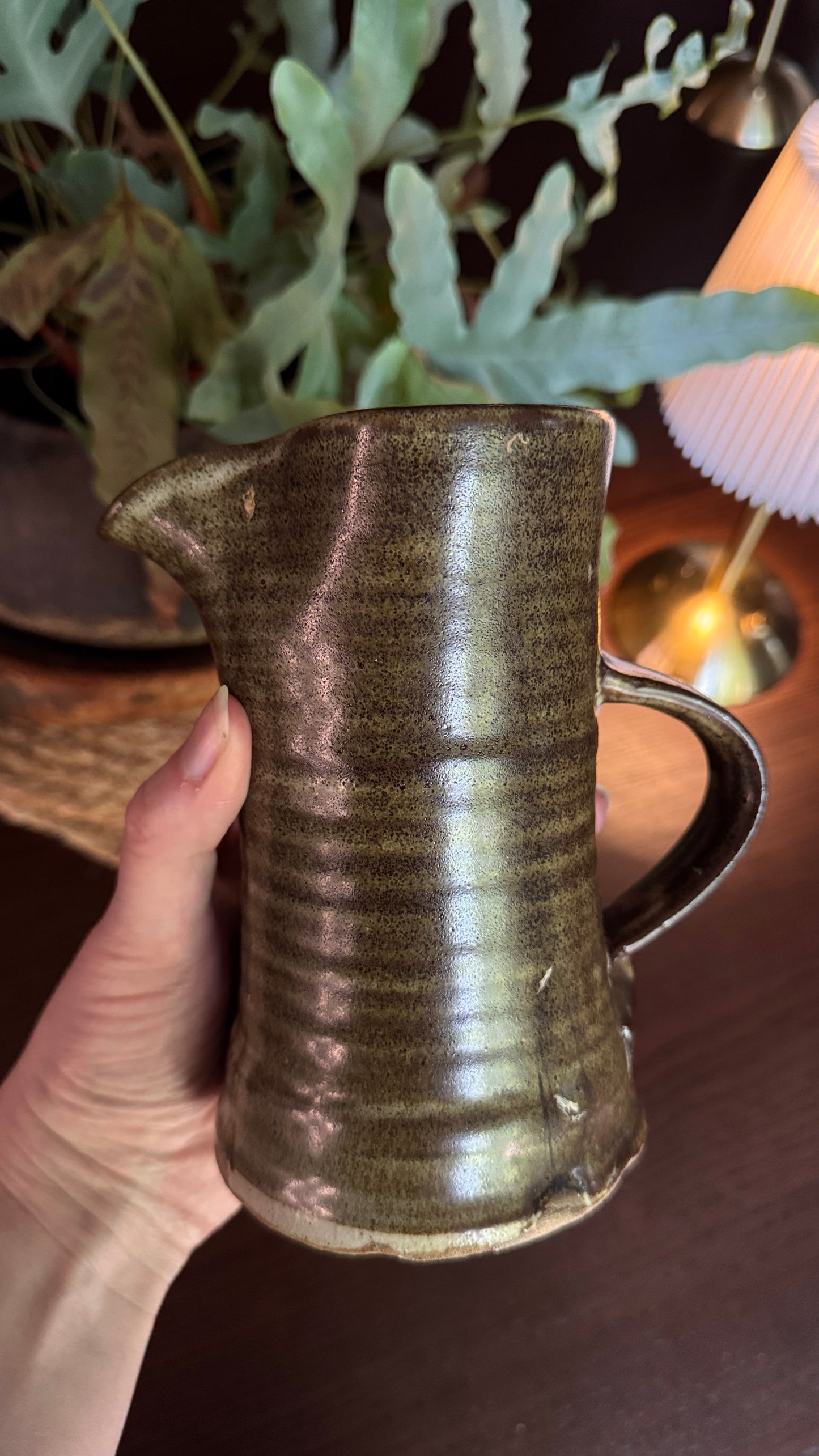 Vintage Studio Pottery Jug | Hand-Thrown | Mottled Olive Green Glaze | British Studio Pottery