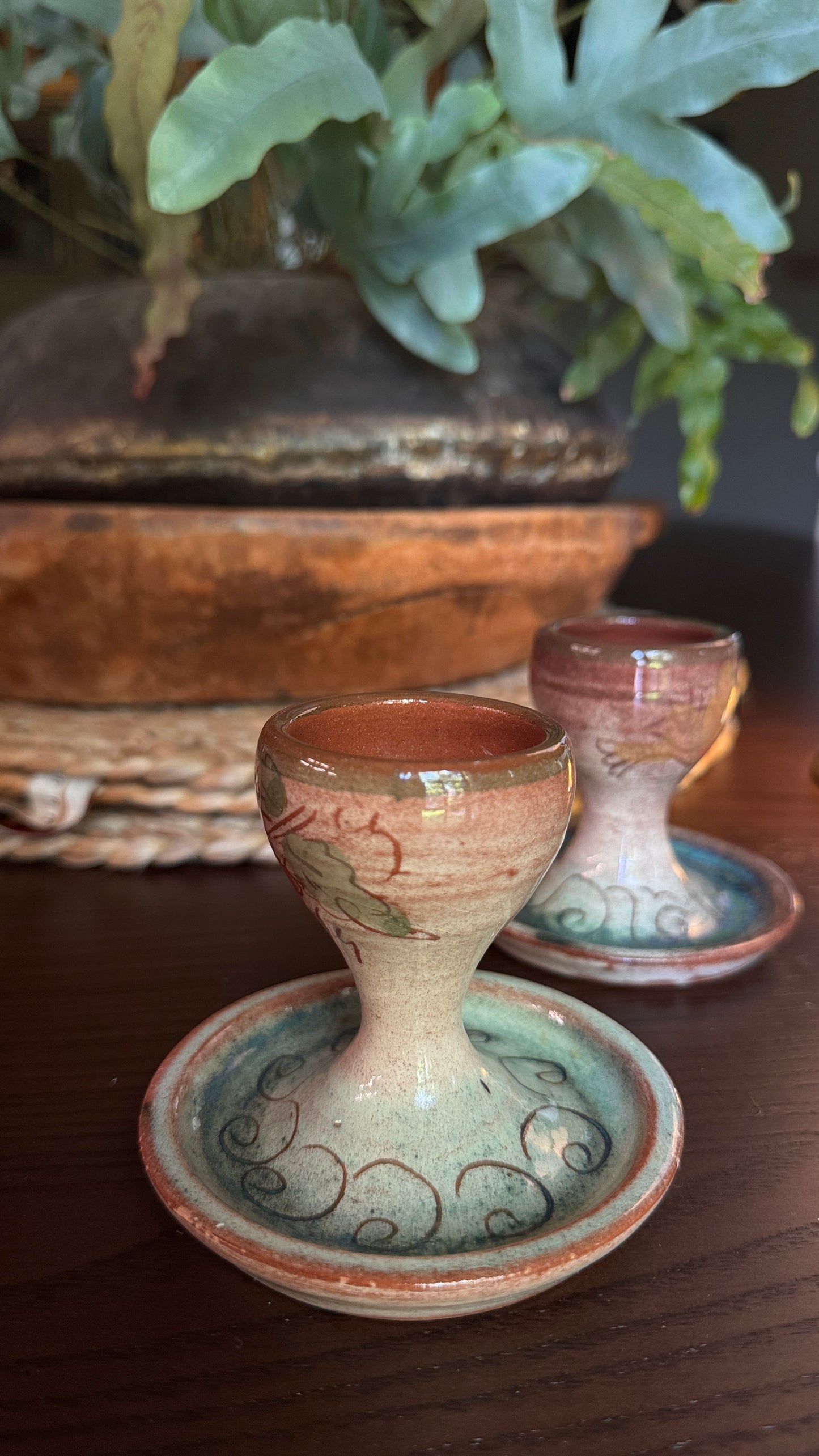 Vintage Studio Pottery Egg Cup | Hand-Thrown | Mauve & Teal Glaze