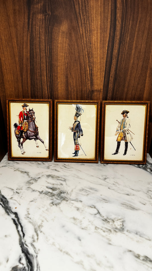 Trio of framed vintage prints - military uniforms