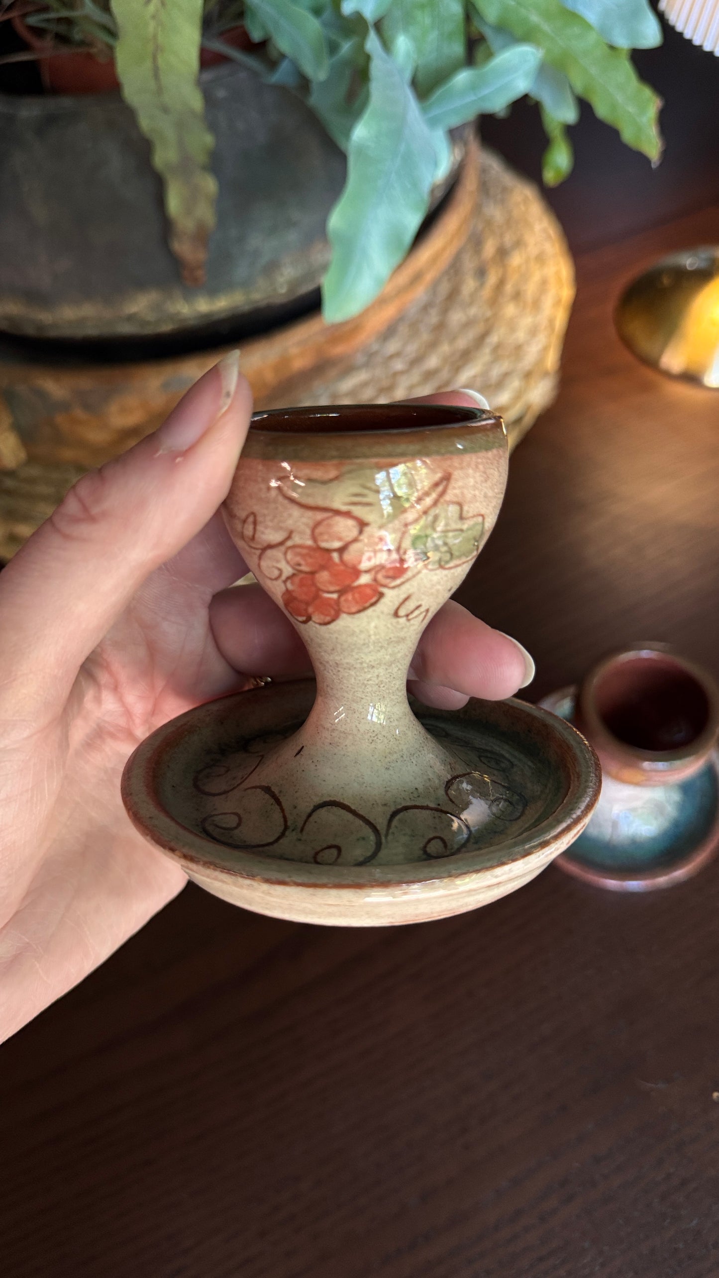 Vintage Studio Pottery Egg Cup | Hand-Thrown | Mauve & Teal Glaze