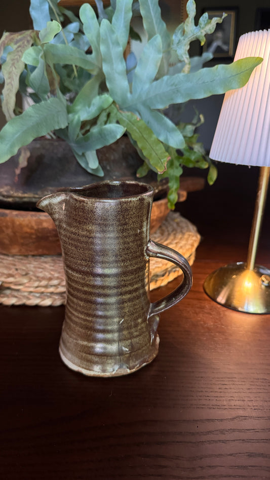 Vintage Studio Pottery Jug | Hand-Thrown | Mottled Olive Green Glaze | British Studio Pottery