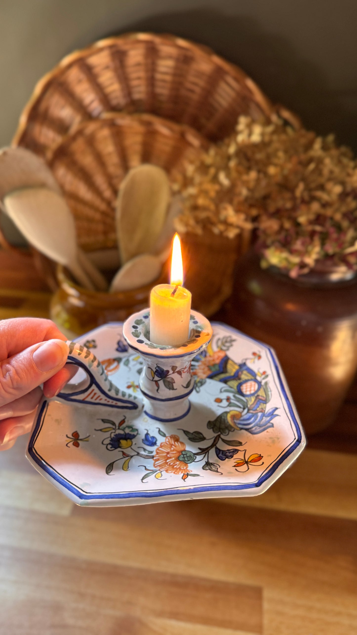 Antique French Faience Chamberstick | Hand-Painted Polychrome Ceramic Candle Holder | Rouen Style Floral