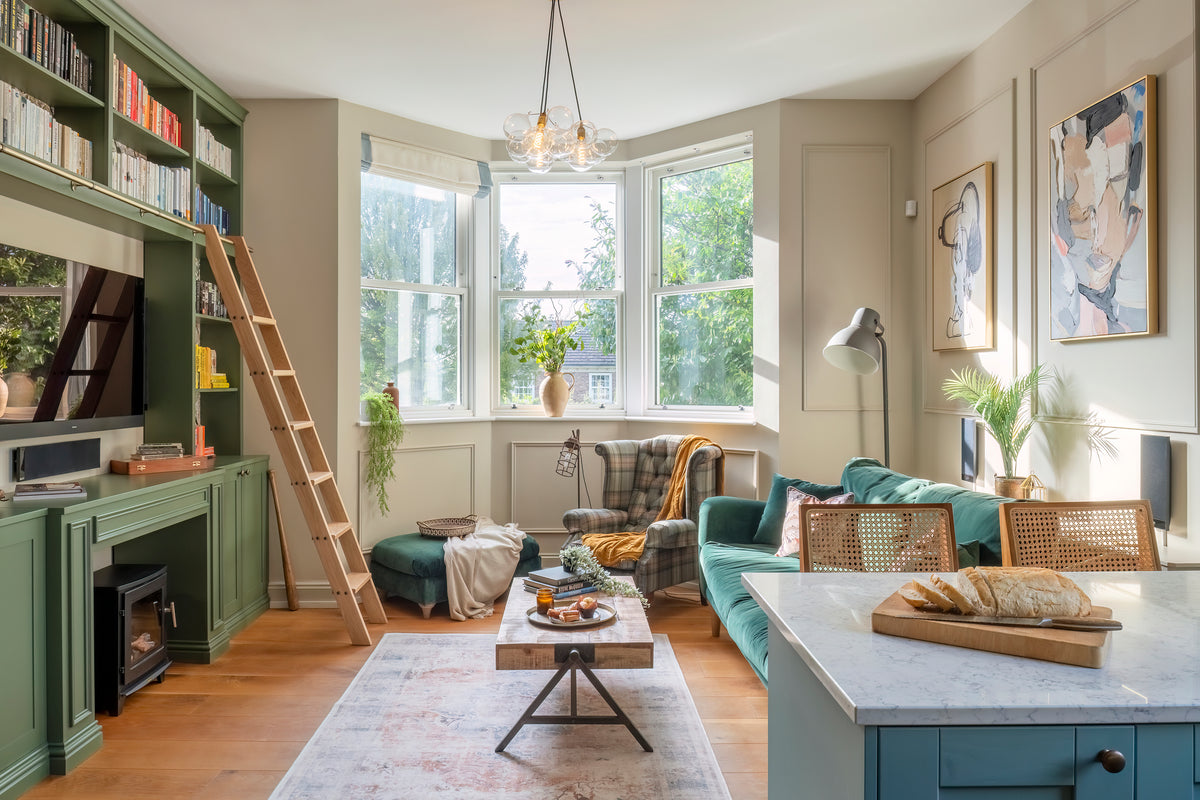 A warm, light-filled living room in Kent designed by Delve Interiors with neutral tones and natural textures