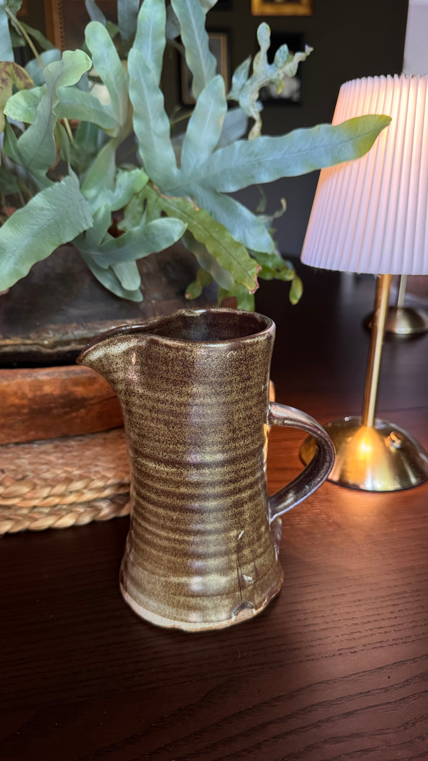 Vintage Studio Pottery Jug | Hand-Thrown | Mottled Olive Green Glaze | British Studio Pottery